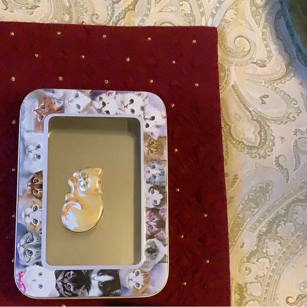 Cat lovers tin, and opal ceramic cat pin with gift bag.